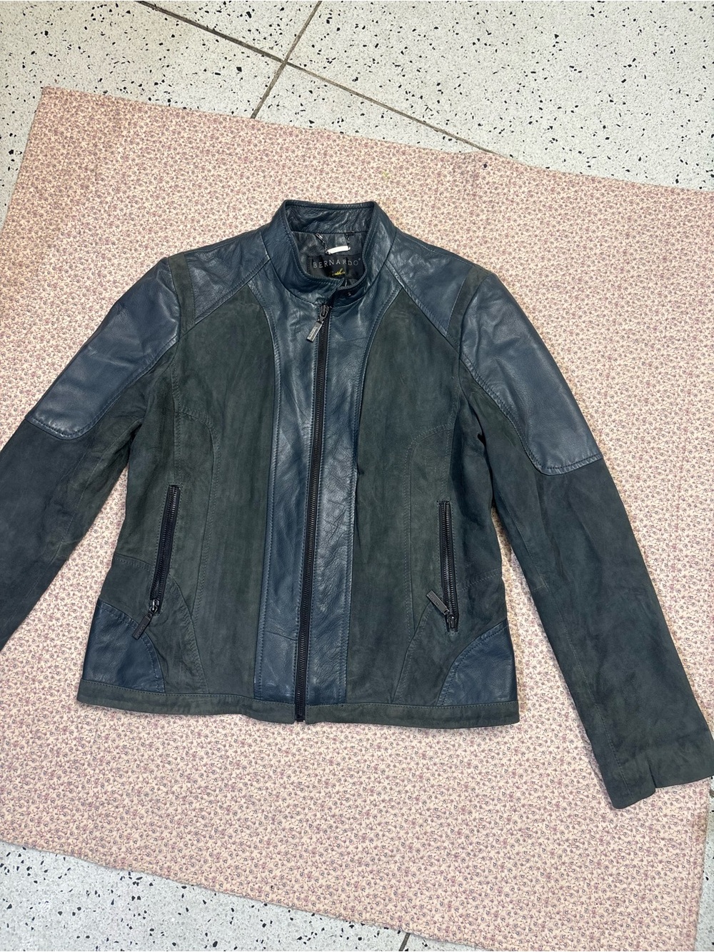 Bernardo Navy Leather & Suede Zip-Front Jacket